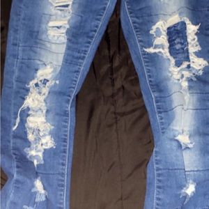 Dark blue ripped patched jeans